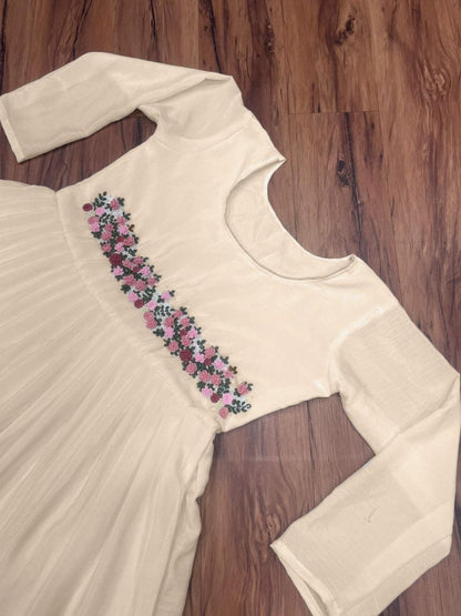White chinon silk moti and handwork long kurti