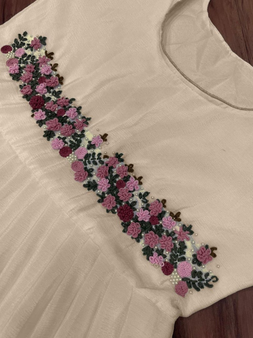 White chinon silk moti and handwork long kurti
