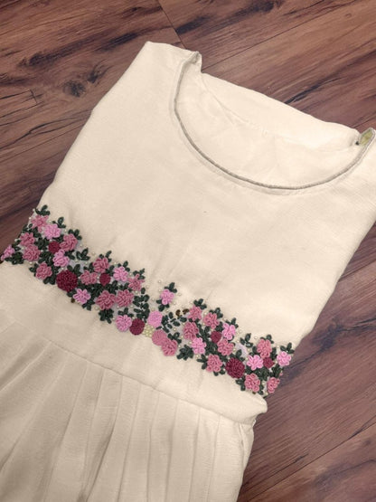 White chinon silk moti and handwork long kurti