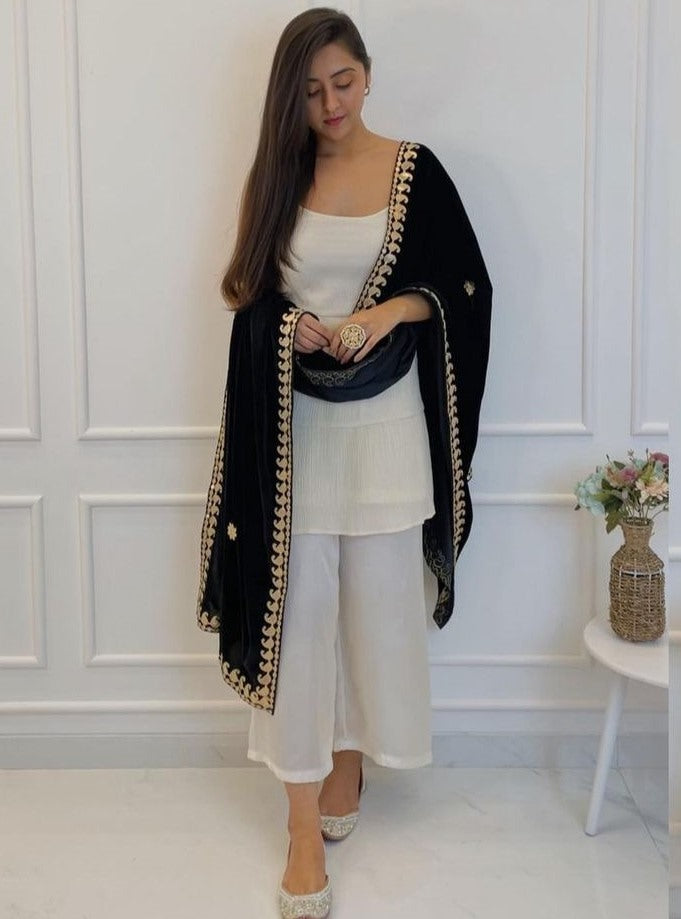 White chinon silk palazzo kurti with velvet dupatta