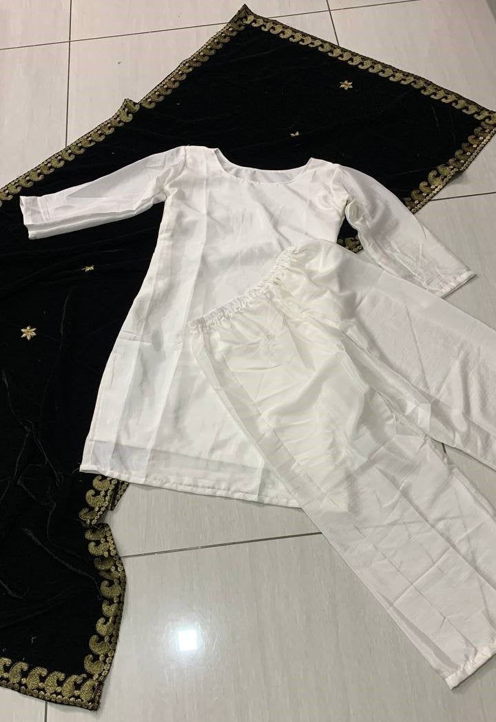 White chinon silk palazzo kurti with velvet dupatta