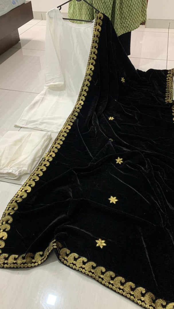 White chinon silk palazzo kurti with velvet dupatta