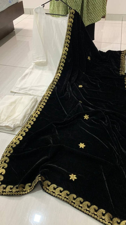 White chinon silk palazzo kurti with velvet dupatta