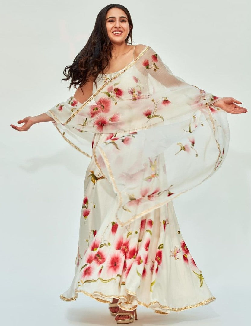White chinon silk printed gown with dupatta