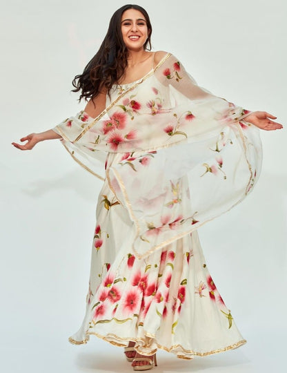 White chinon silk printed gown with dupatta