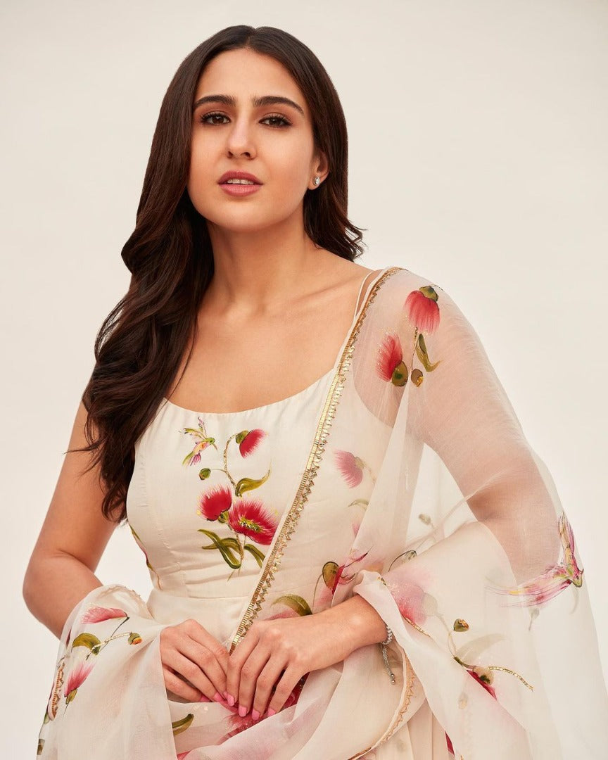 White chinon silk printed gown with dupatta