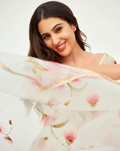 White chinon silk printed gown with dupatta