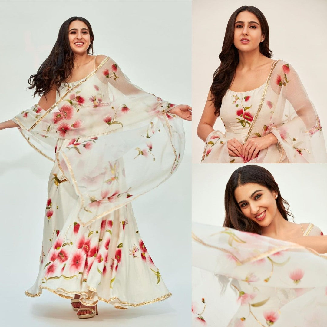 White chinon silk printed gown with dupatta