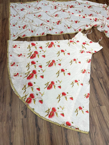 White chinon silk printed gown with dupatta