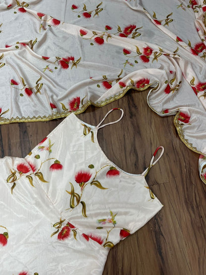 White chinon silk printed gown with dupatta