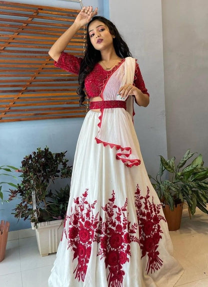 White chinon silk red embroidered lehenga choli