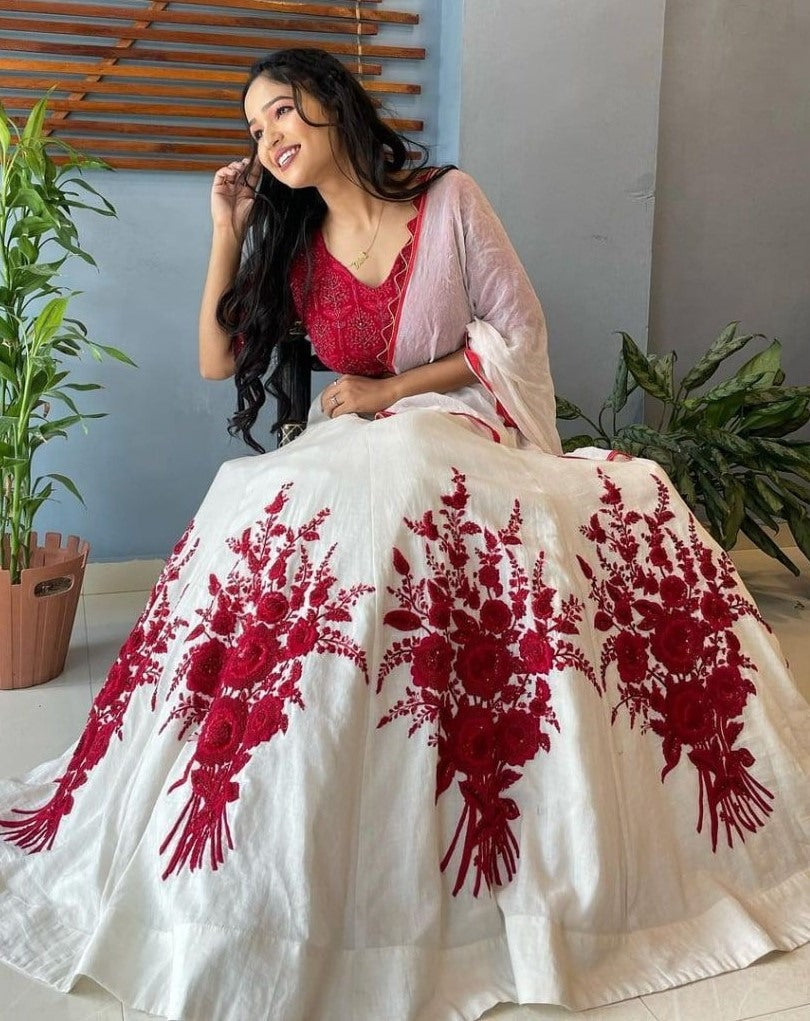 White chinon silk red embroidered lehenga choli