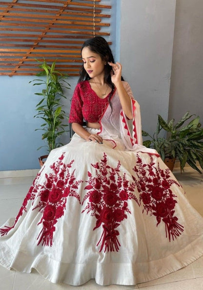 White chinon silk red embroidered lehenga choli