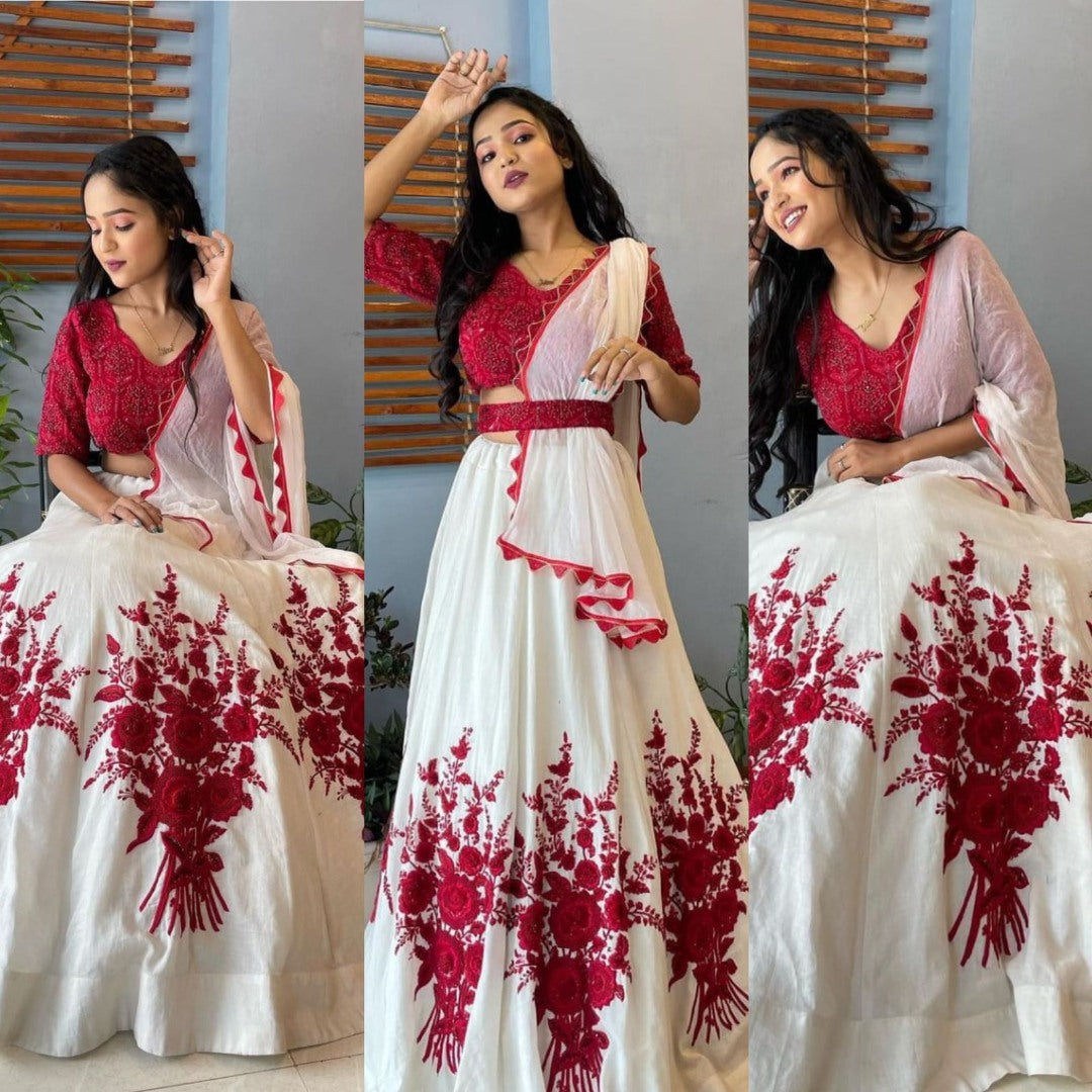 White chinon silk red embroidered lehenga choli