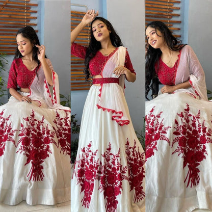 White chinon silk red embroidered lehenga choli