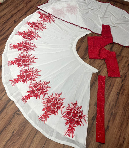 White chinon silk red embroidered lehenga choli