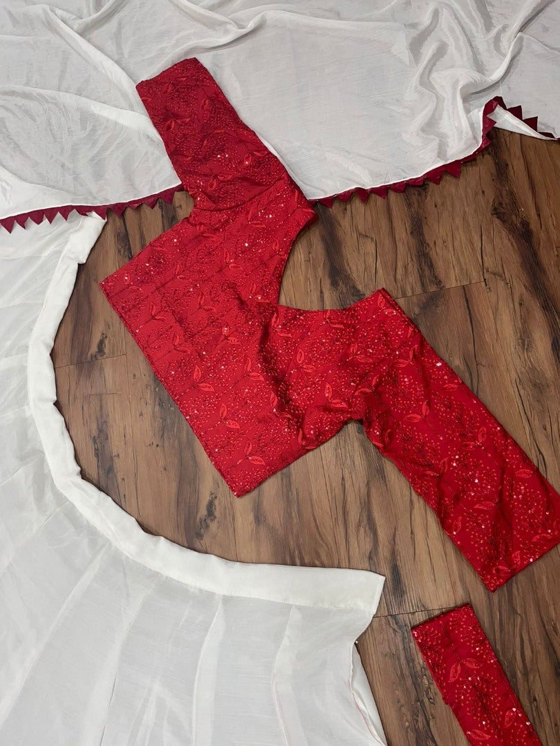 White chinon silk red embroidered lehenga choli