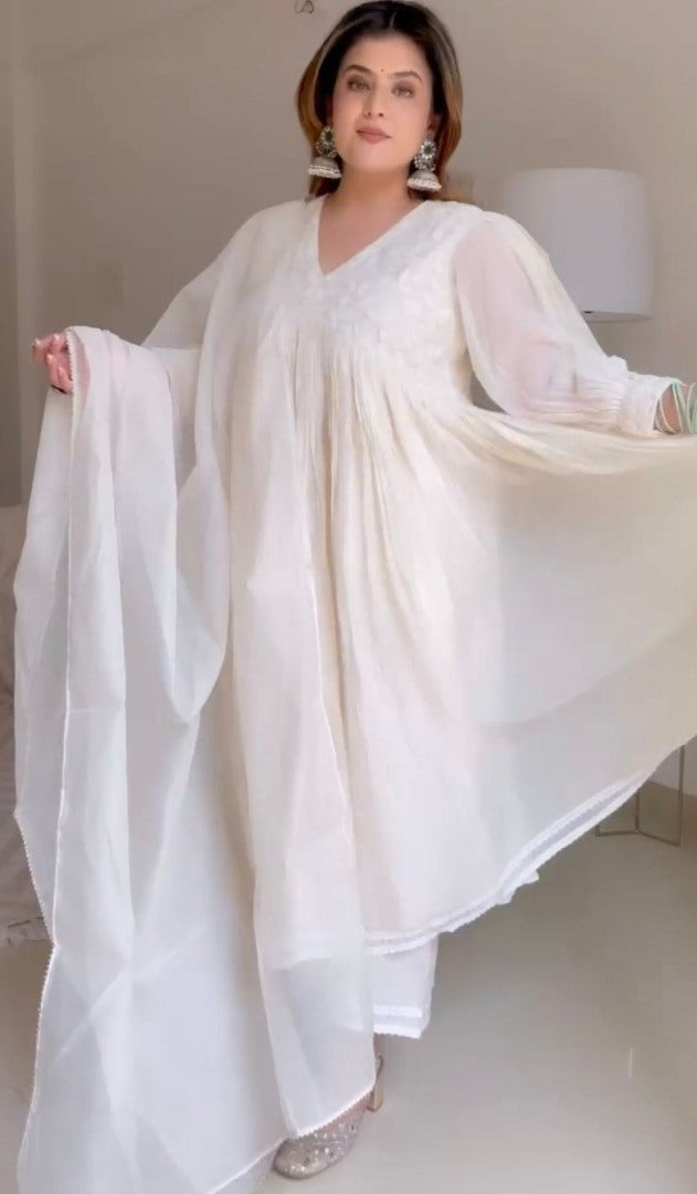 White chinon silk thread embroidered kurti