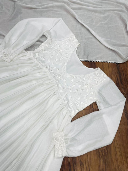 White chinon silk thread embroidered kurti