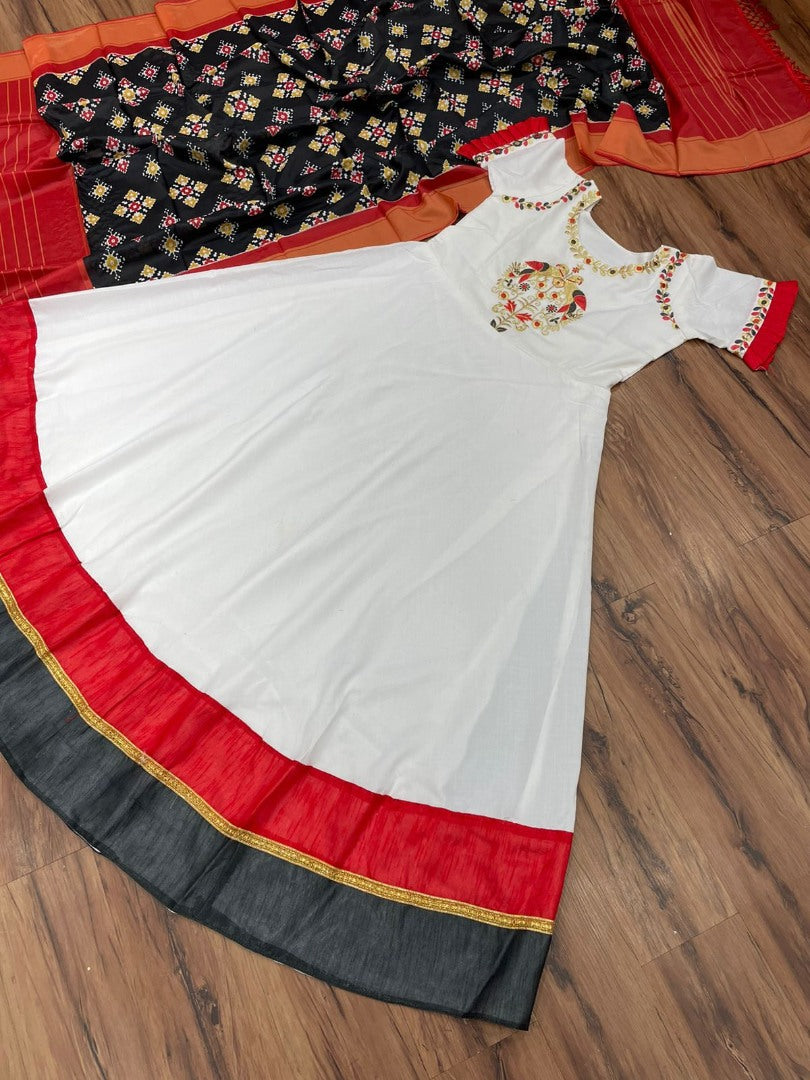 White club cotton anarkali gown with printed silk black dupatta