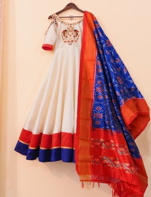 White club cotton anarkali gown with printed silk blue dupatta
