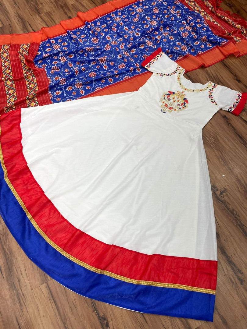 White club cotton anarkali gown with printed silk blue dupatta
