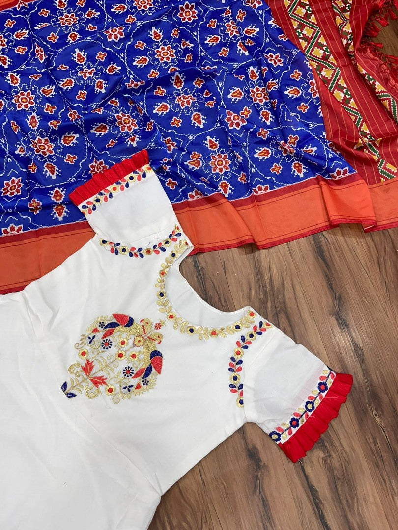 White club cotton anarkali gown with printed silk blue dupatta