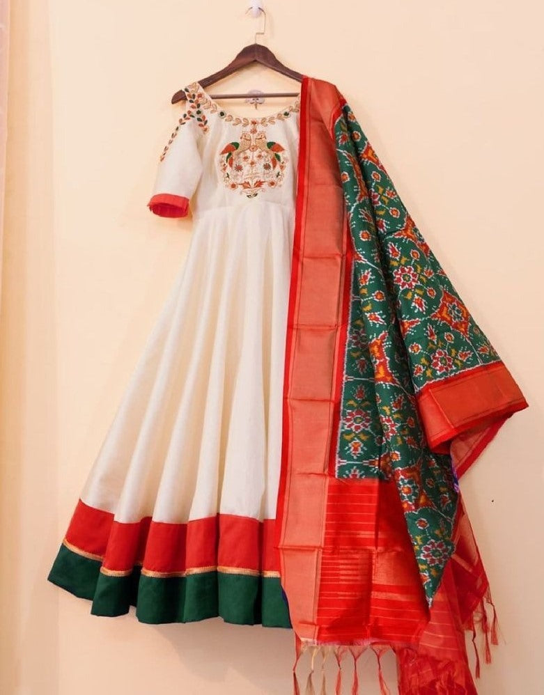 White club cotton anarkali gown with printed silk dupatta