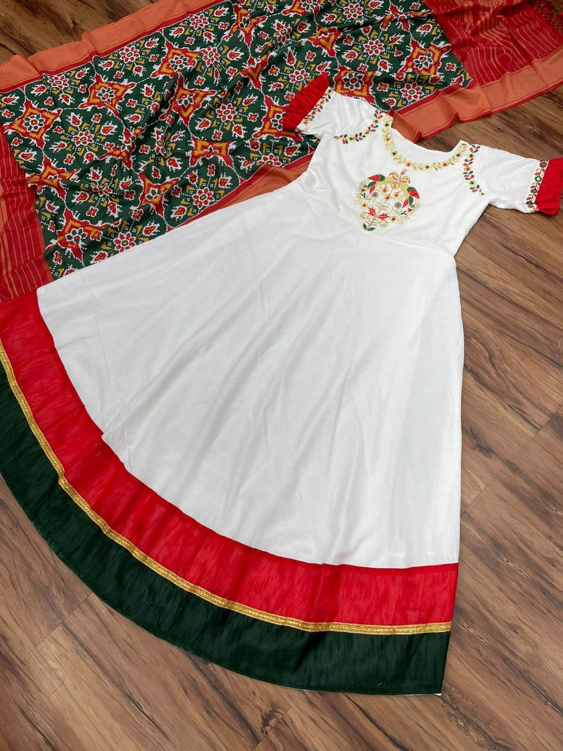 White club cotton anarkali gown with printed silk dupatta