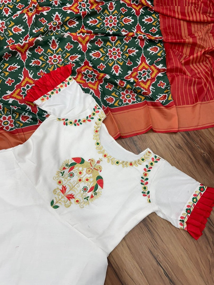 White club cotton anarkali gown with printed silk dupatta