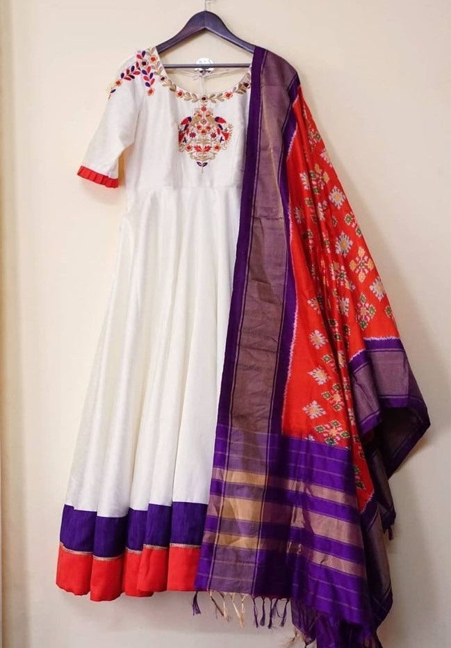 White club cotton anarkali gown with printed silk red dupatta