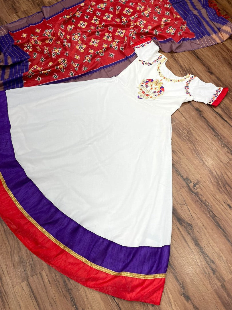 White club cotton anarkali gown with printed silk red dupatta