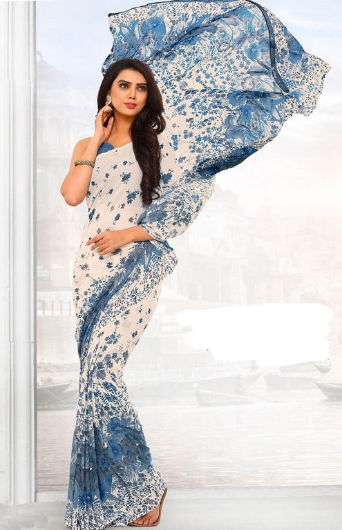White Colored Lesar Georgette Floral Printed Saree