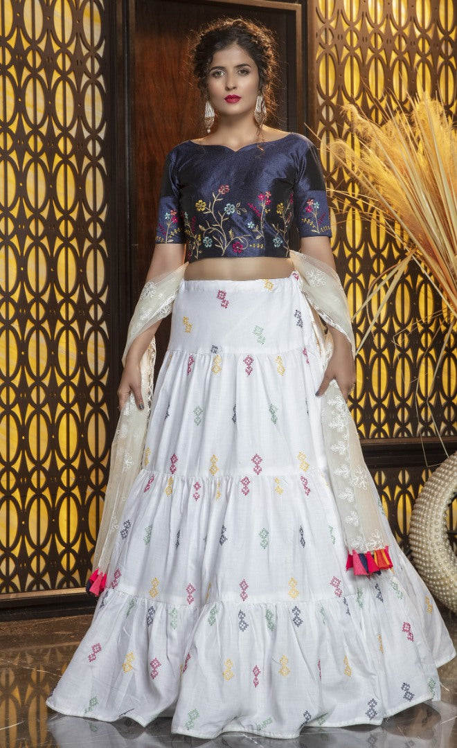 White coton silk art embroidered party wear lehenga choli