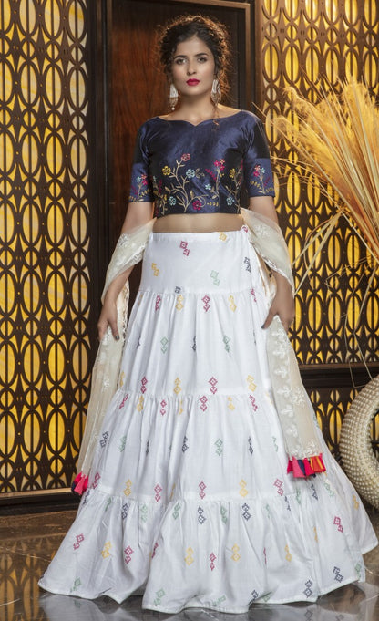 White coton silk art embroidered party wear lehenga choli