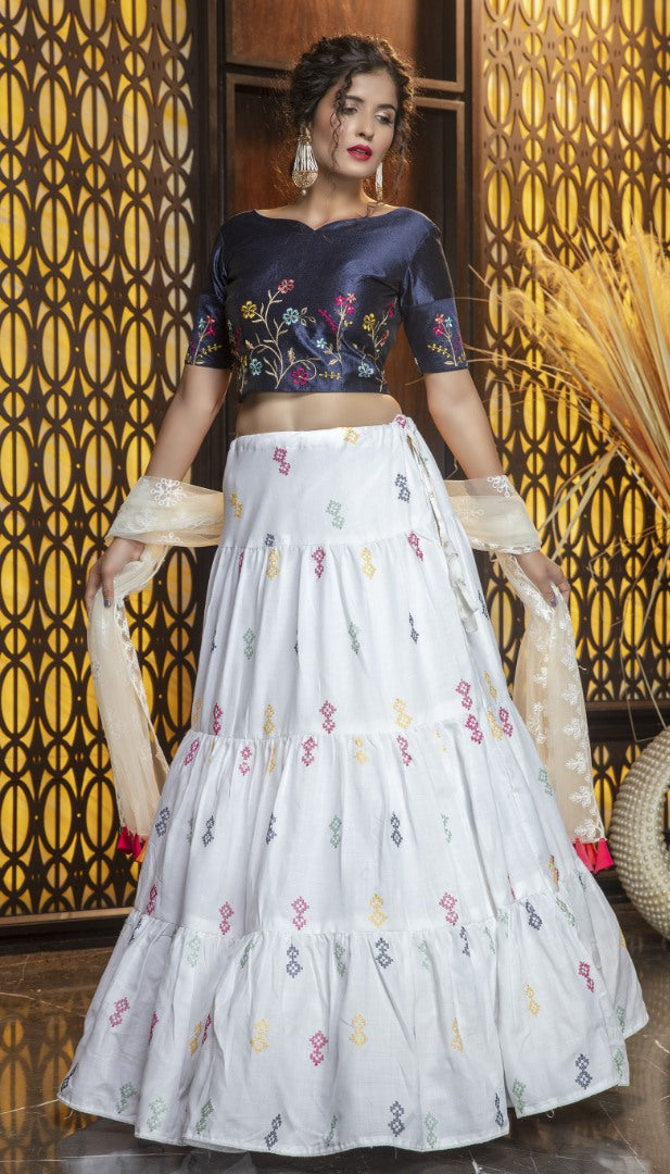 White coton silk art embroidered party wear lehenga choli