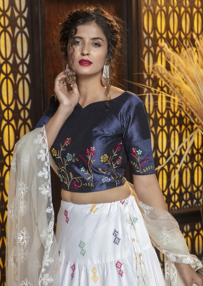 White coton silk art embroidered party wear lehenga choli
