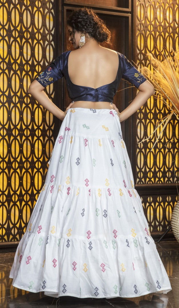 White coton silk art embroidered party wear lehenga choli