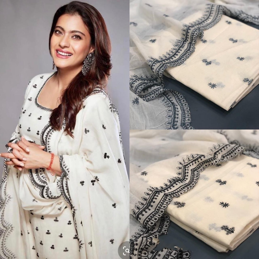 White cotton black thread embroidery work anarkali suit