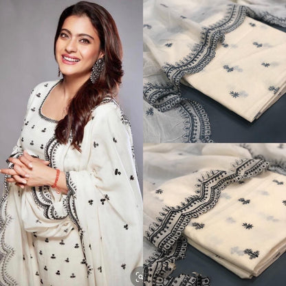 White cotton black thread embroidery work anarkali suit