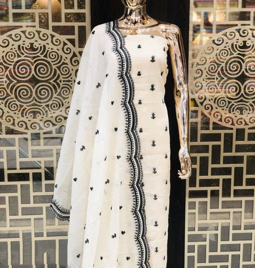 White cotton black thread embroidery work anarkali suit