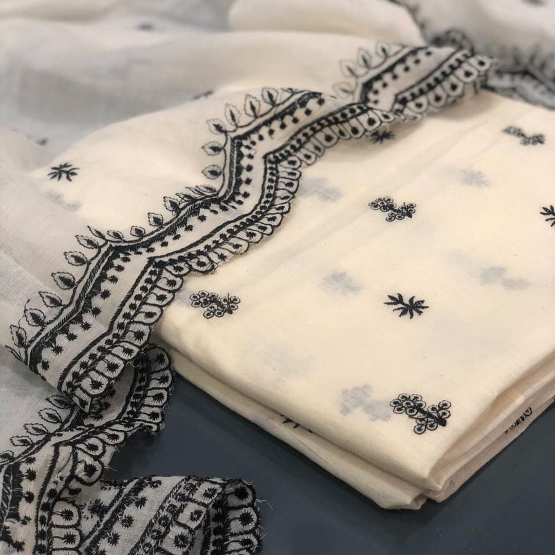 White cotton black thread embroidery work anarkali suit