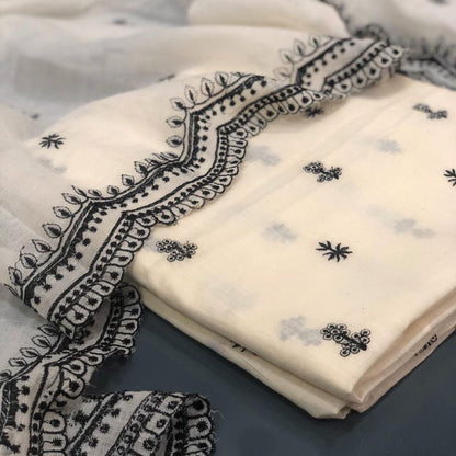 White cotton black thread embroidery work anarkali suit