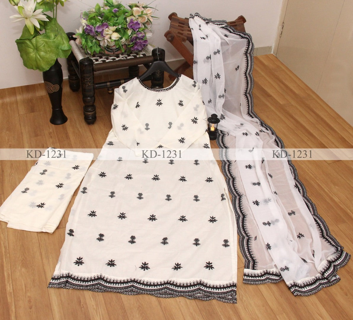 White cotton black thread embroidery work anarkali suit