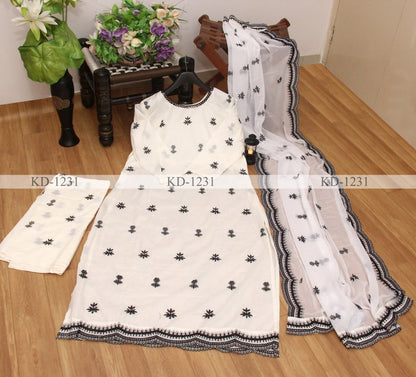 White cotton black thread embroidery work anarkali suit
