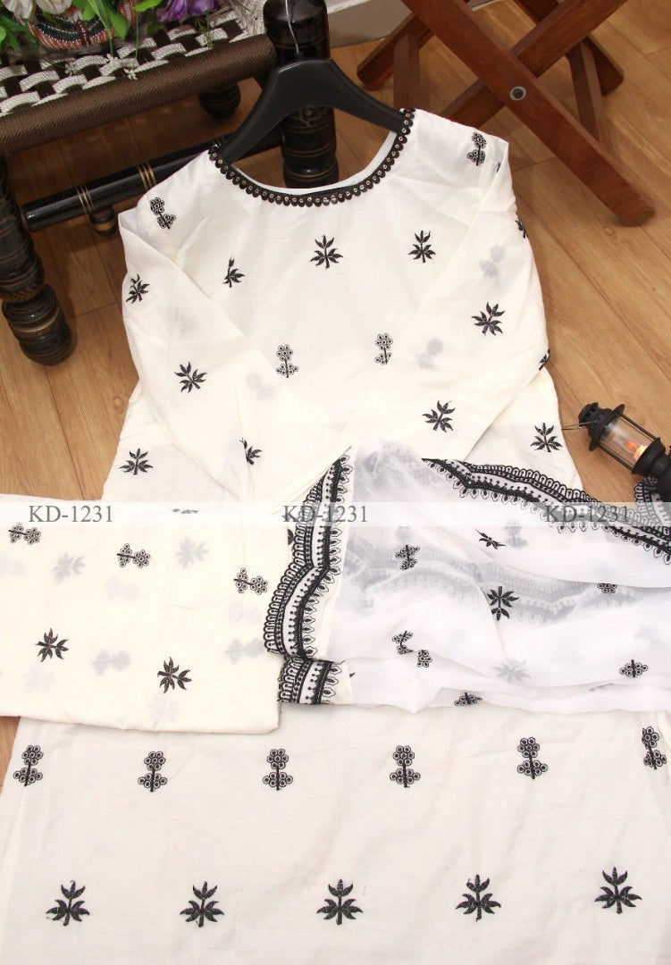 White cotton black thread embroidery work anarkali suit