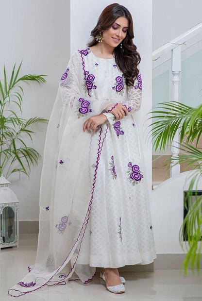 White cotton chainstitch work anarkali suit