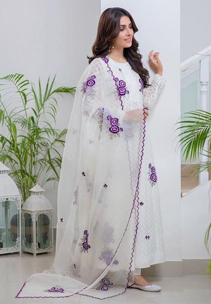 White cotton chainstitch work anarkali suit