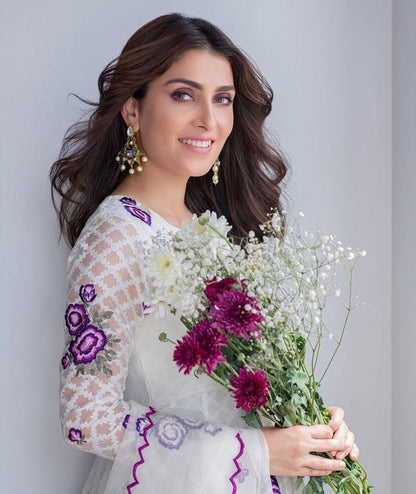 White cotton chainstitch work anarkali suit