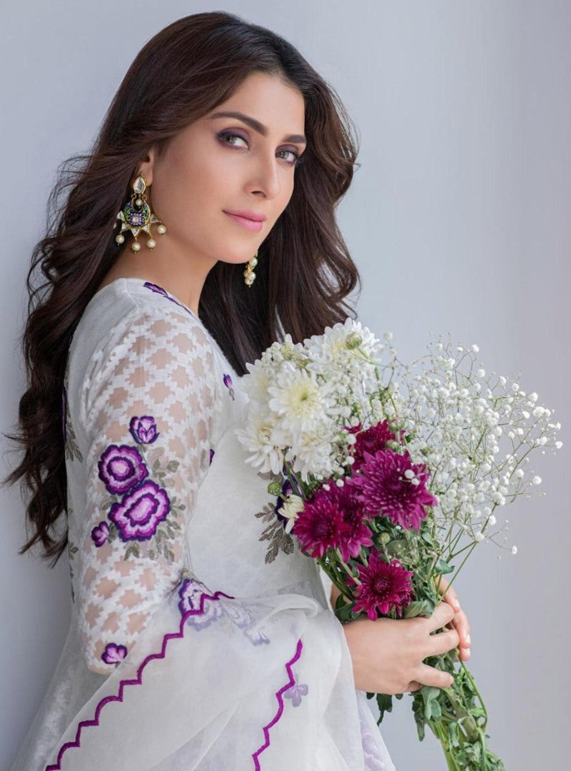 White cotton chainstitch work anarkali suit